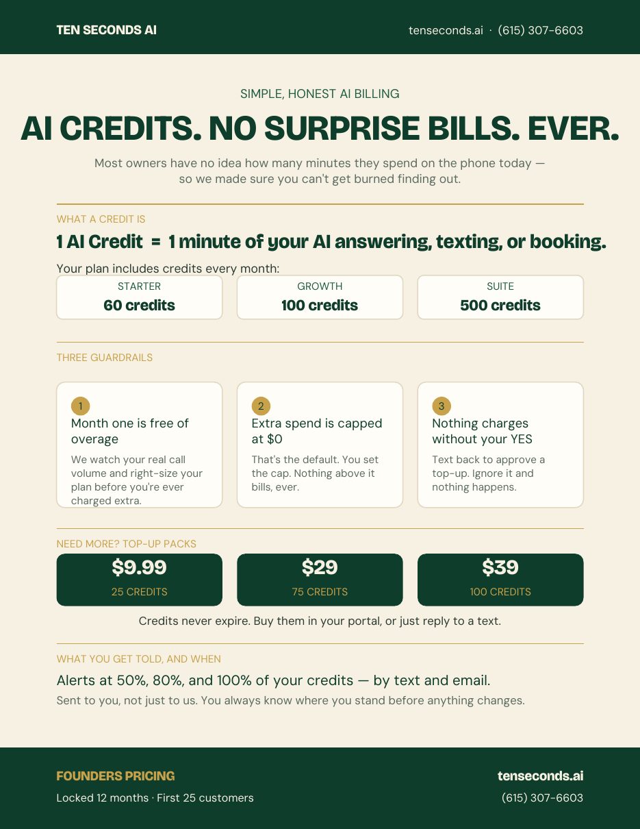 Tenseconds.ai one-page slick explaining AI Credits, spend caps, and top-up packs