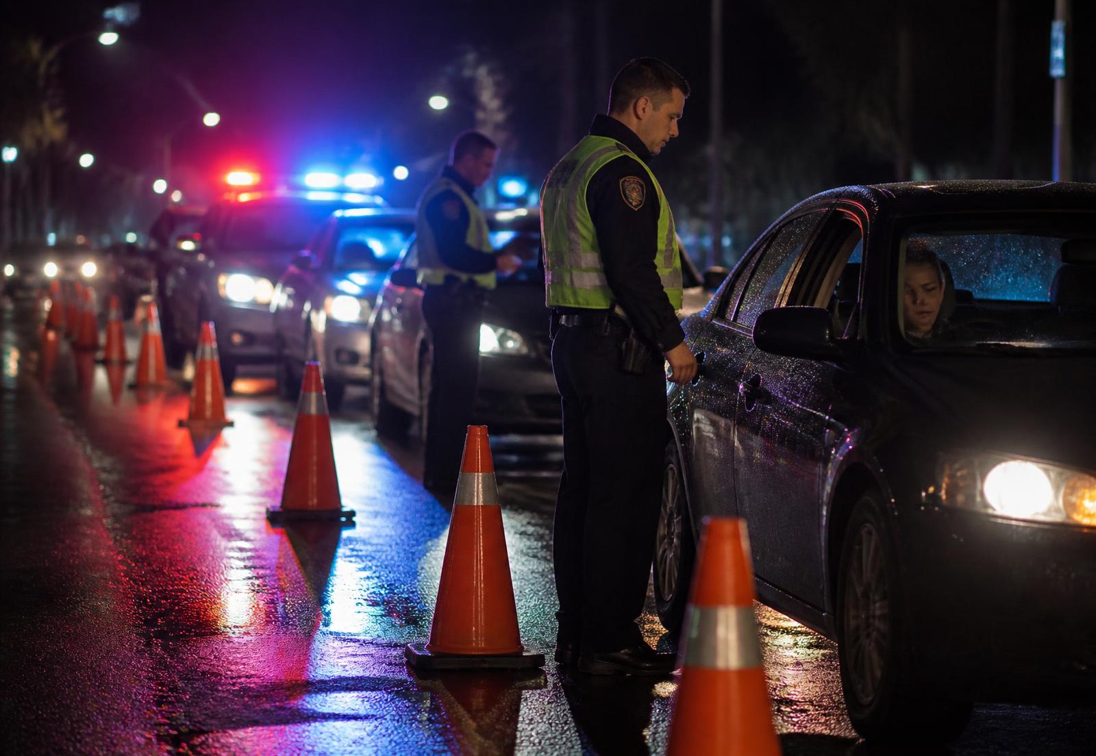 Nighttime DUI checkpoint on a wet Nashville street