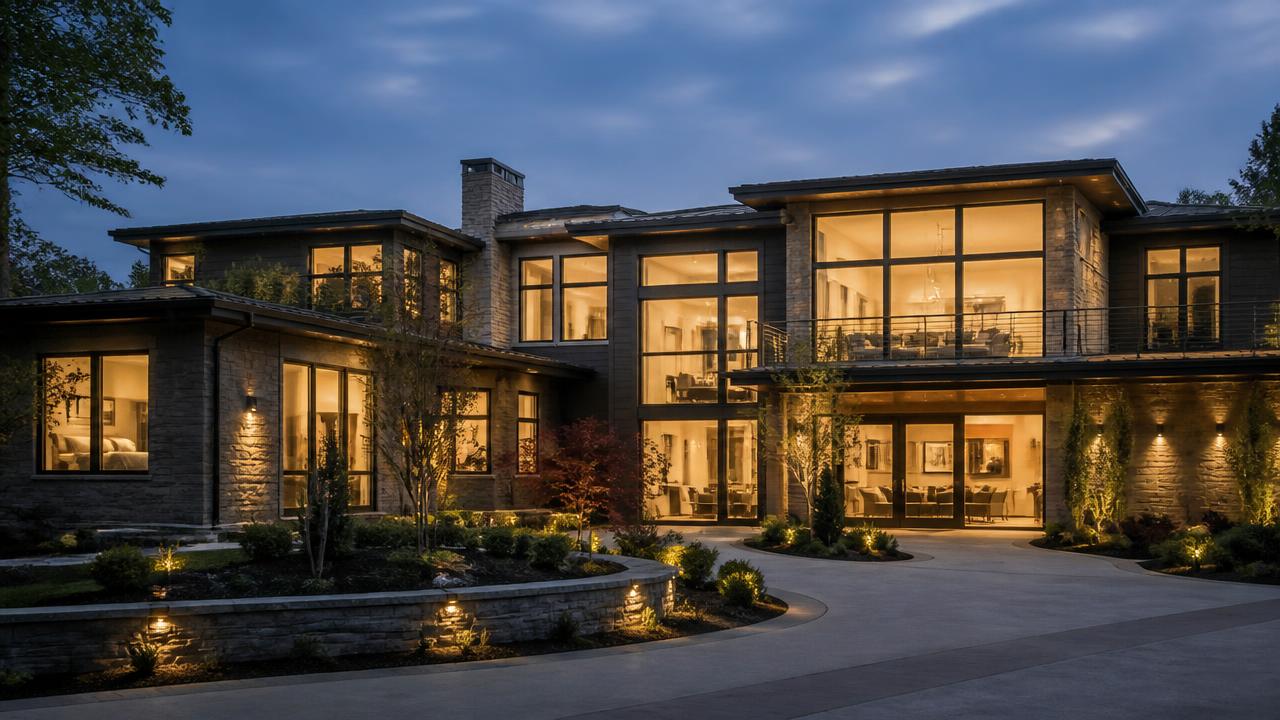 Stunning luxury modern home at dusk with warm interior lighting and professional landscaping