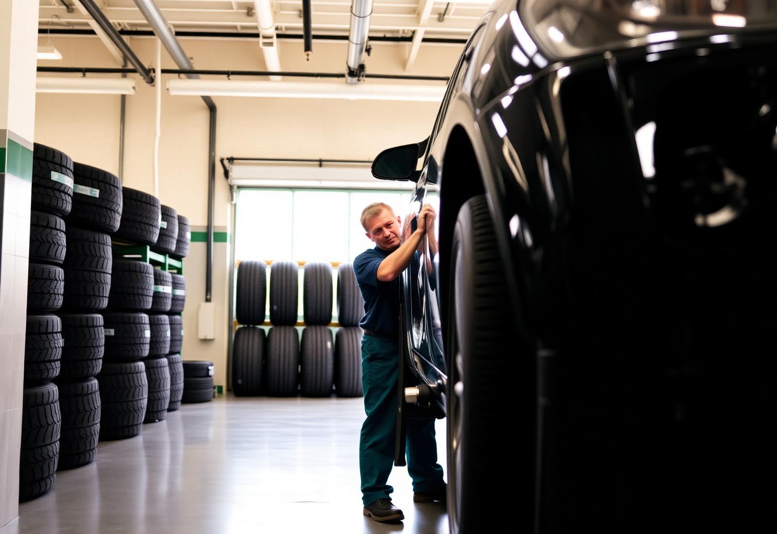 Tire technician mounting a new tire in a clean tire shop bay