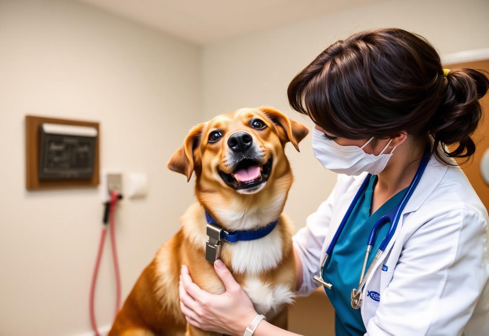 Veterinarian examining a dog in a clinic exam room
